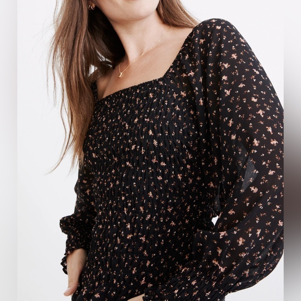 Madewell Georgette Lucie Smocked Peplum Top Stem Scatter Floral Bubble Sleeve 8